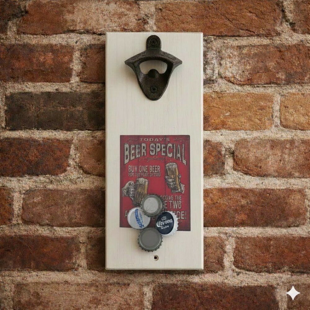 Magnetic Beer Bottle Opener wi. Retro Beer Sign and Mounting Hardware
